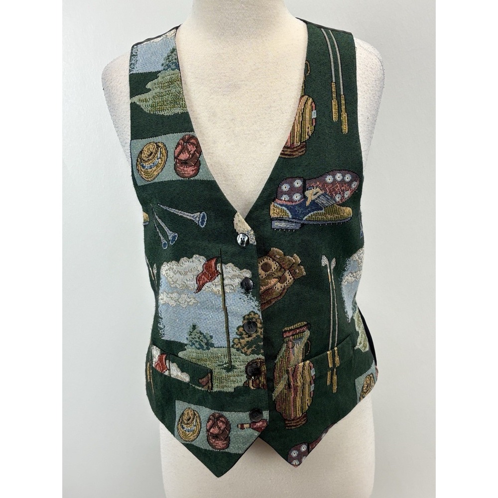 Vtg Carol Antone Tapestry Golf Vest Women's M Novelty 90s Woven Kitschy Granny